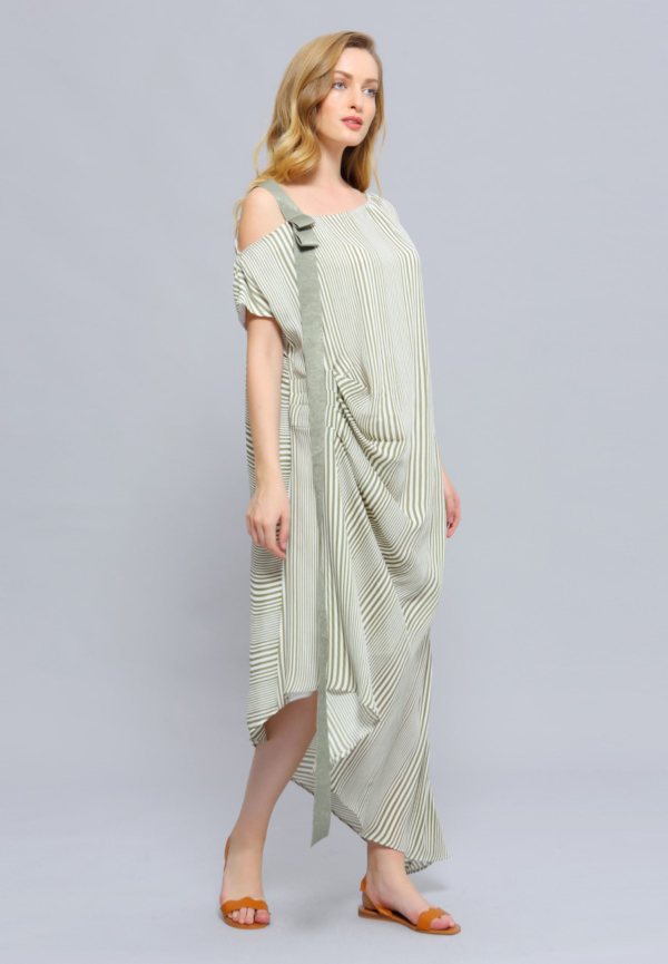 Dress Asymmetric Draped Stripe Print Midi