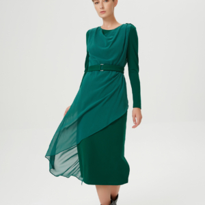 Asymmetrical fitted dress mixing chiffon and jersey